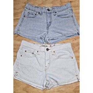 2 Levis 518 Superlow Shorts Womens 7 Blue Denim Low Rise Stretch Jean Cutoff
